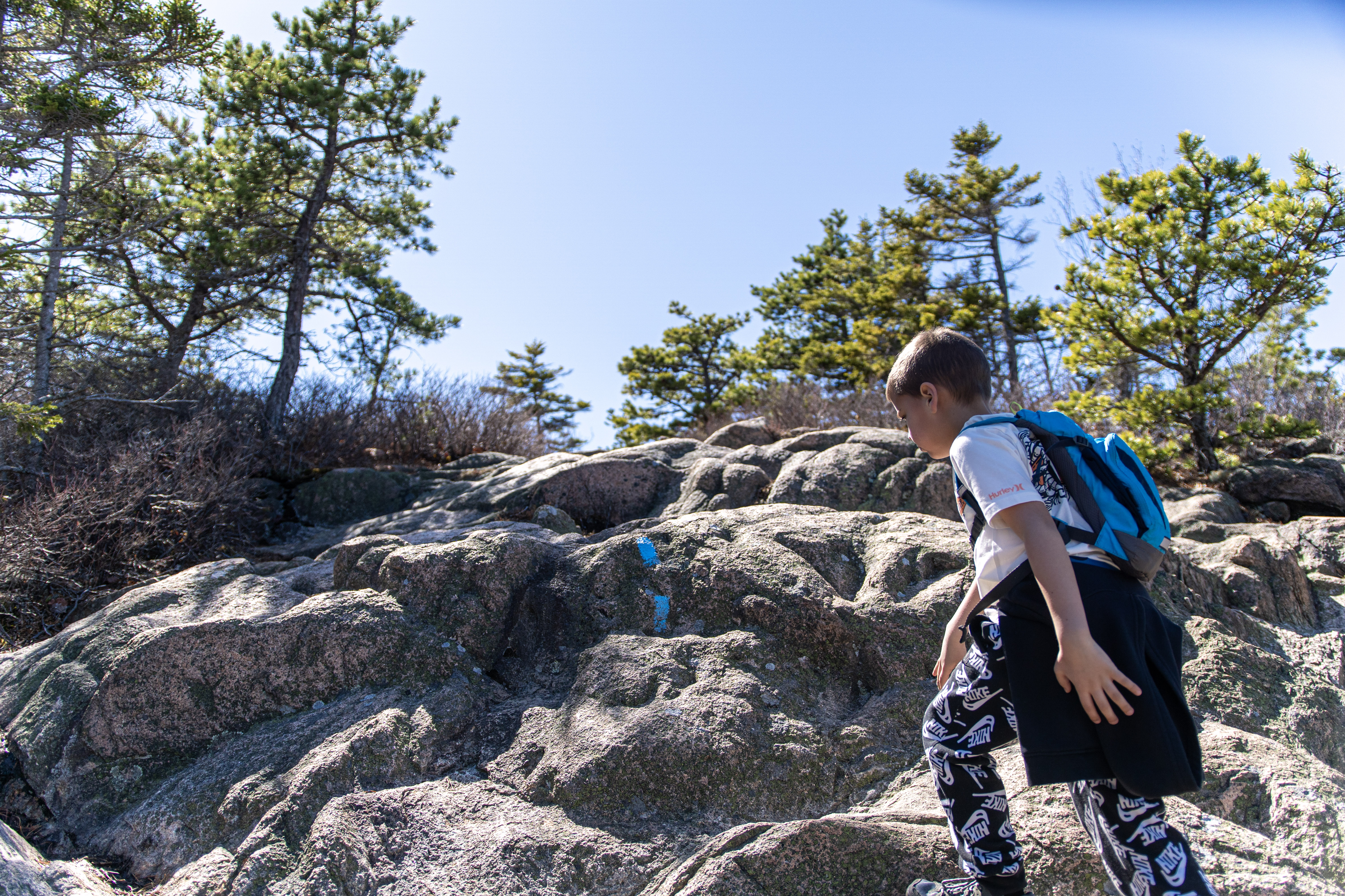 Child hiking up rocky granite ledges marked with a blue trail blaze in coastal Maine.