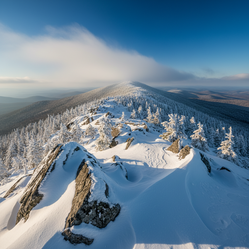 A dramatic photographic realism scene of a snow-dusted Maine mountain ridge in midwinter, jagged granite outcrops poking through wind-sculpted drifts of brilliant white snow. Stunted evergreen trees, heavy with frost, cling to the slope, their deep green branches bending under the weight. Low, fast-moving clouds pass just above the ridge, opening to reveal a crisp, cobalt-blue sky and distant, rolling peaks fading into pale blue haze. The image is lit by strong, mid-morning winter sun, casting long, sharp shadows that emphasize the structure of the terrain. Captured from a slightly low, wide-angle perspective, the foreground rocks loom with crisp detail while the receding ridges create layered depth, conveying a rugged, energetic, and adventurous atmosphere fitting for a professional Maine landscape portfolio.