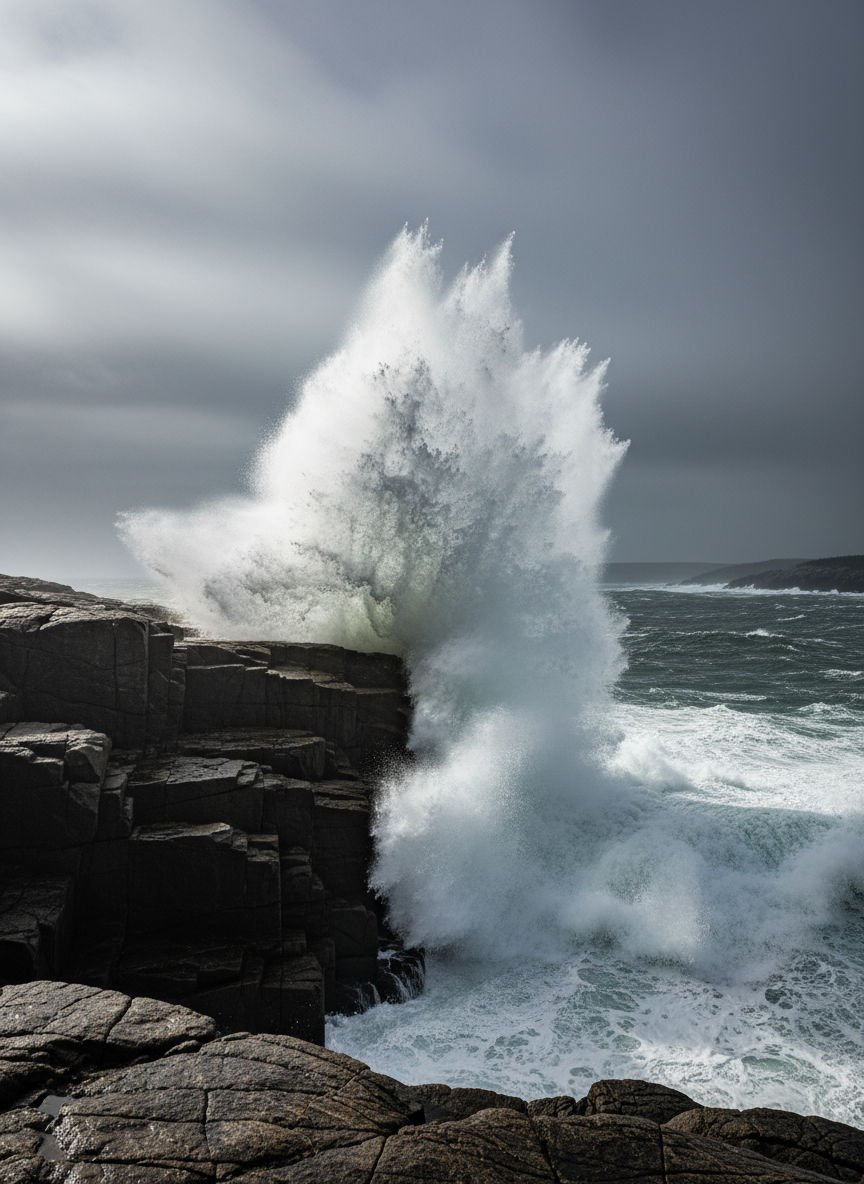 A high-energy photographic realism capture of a crashing Atlantic wave against a sheer granite cliff on the Maine coast during a winter storm. The wave erupts into a towering plume of white spray, suspended mid-air with countless detailed droplets, while darker, churning water swirls below. The rock face is dark, slick, and striated, glistening with moisture. The sky above is heavy and slate-gray, with bands of mist and distant, obscured headlands. Harsh, storm-filtered daylight slants from one side, creating dramatic contrast between luminous foam and shadowed rock. Shot from a medium-telephoto, slightly low angle to amplify the wave’s power, with a fast shutter feel and crisp focus freezing every droplet. The mood is intense and dynamic, highlighting Maine’s raw ocean energy for a sports and action-oriented portfolio section.