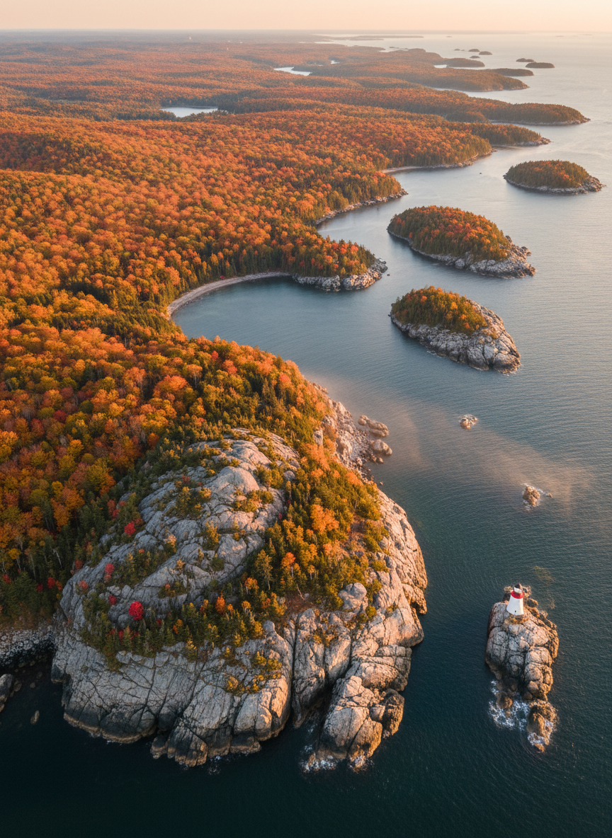 A sweeping aerial photographic realism view of the Maine coastline in peak autumn, dense forests of fiery red maples and golden birches spilling down to rugged granite headlands. The rocky shoreline curves into a calm, slate-blue Atlantic, dotted with tiny evergreen islands and a distant lighthouse perched on a ledge. Late-afternoon golden hour light rakes across the landscape, carving out textures in the rock and catching mist over the water. The mood is expansive and majestic yet calm, with crisp, clear air. Shot from a high, slightly oblique angle with sharp focus throughout, emphasizing grand scale and intricate natural detail, ideal as a hero image for a professional Maine photography portfolio.