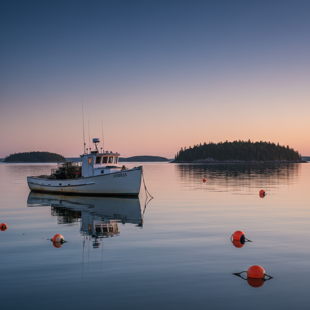 A lone white lobster boat resting at anchor in a glassy Maine harbor before sunrise, rendered in photographic realism. The boat’s weathered hull and neatly coiled ropes are mirrored almost perfectly in the still, steel-blue water. In the distance, low forested islands rise as dark silhouettes beneath a sky shifting from deep indigo to soft lavender and peach. A few moored buoys add small accents of red and orange. Soft pre-dawn ambient light creates gentle gradients and almost no harsh shadows, producing a serene, contemplative mood. Shot from a low shore-level angle with the boat placed off-center using the rule of thirds, the depth of field is moderate, keeping both boat and distant tree line in clear focus for a clean, professional coastal portfolio image.