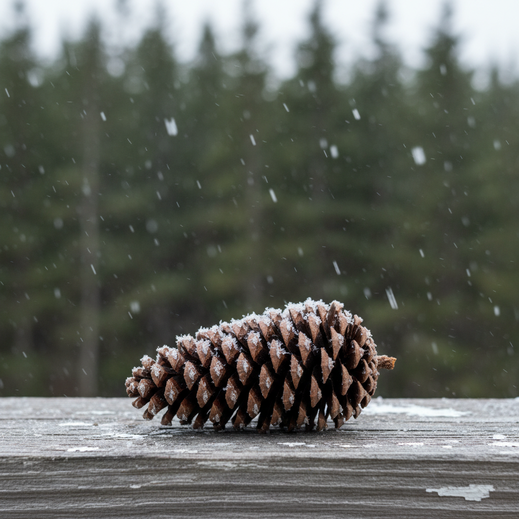 A tightly framed photographic realism portrait of a single, intricately detailed snow-covered pine cone resting on a weathered wooden railing outside a secluded Maine cabin. The cone’s rich brown scales are edged with fresh, powdery snow crystals that sparkle softly. The railing’s worn gray grain and small flecks of peeling paint tell of years of harsh coastal winters. Behind, a backdrop of blurred dark evergreens and softly falling snowflakes forms a gentle bokeh. Overcast daylight creates even, diffused lighting with subtle highlights along the cone’s ridges, enhancing texture without harsh contrast. Shot at eye level with a very shallow depth of field, the subject is razor sharp against a dreamy, muted background, evoking quiet, cozy solitude in the Maine woods.