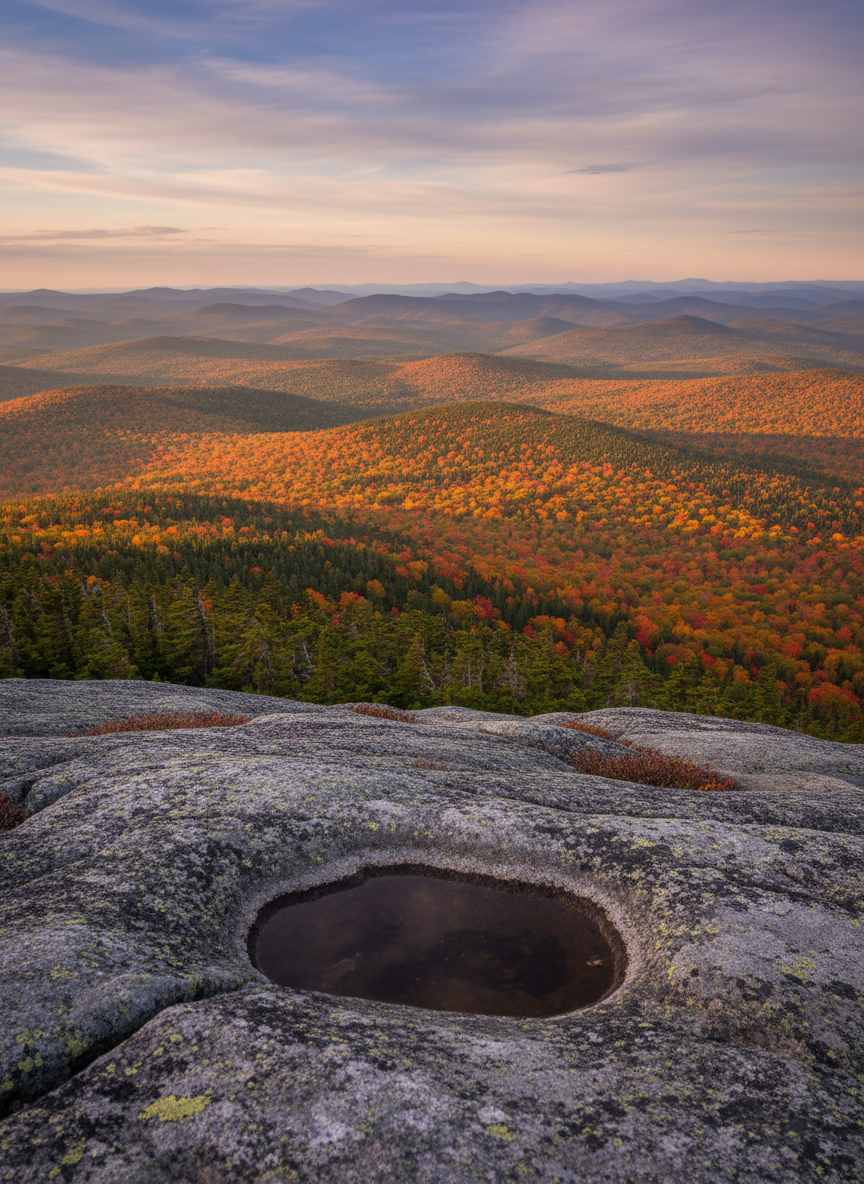 A dramatic view from a granite summit in Maine’s western mountains at peak foliage, looking down over rolling hills ablaze with red, orange, and gold hardwood forests interspersed with dark evergreen patches. In the foreground, the rough, lichen-speckled rock surface leads into the frame, with a small alpine puddle reflecting the vivid sky. Late afternoon light creates long, soft shadows and a warm glow on the landscape, while distant ridges fade into bluish haze. Shot with a wide-angle lens from a slightly downward angle, the composition emphasizes depth and scale. The mood is expansive and awe-inspiring, rendered in crisp photographic realism with a professional, adventurous feel.