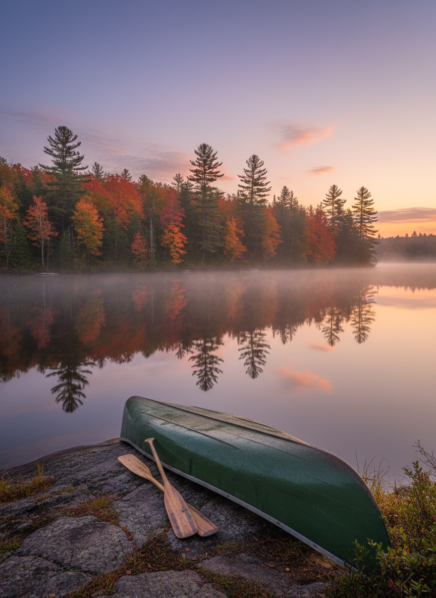 A calm inland Maine lake at dawn, its mirror-smooth surface reflecting a densely forested shoreline of tall pines and fiery autumn maples. A single weathered wooden canoe rests upside down on a small granite outcrop in the foreground, beads of dew catching the first light. Mist hangs low over the water as soft, diffused sunrise light gently illuminates the scene in subtle oranges and purples. Captured at eye level with a wide-angle lens, the composition emphasizes the expansive stillness and perfect reflections. The mood is quiet and contemplative, with photographic realism and a minimalist, professional aesthetic that highlights local, intimate moments in nature.