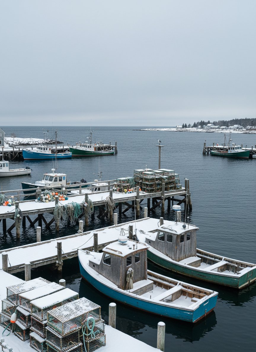 A snow-dusted Maine coastal fishing harbor in midwinter, captured from a slightly elevated overlook. Colorful wooden skiffs and weathered lobster boats sit moored in calm, steel-blue water, their decks lightly coated with fresh snow. Sturdy wooden piers extend into the harbor, lined with stacked lobster traps, coiled ropes, and faded buoys in muted reds, yellows, and greens. Overcast daylight creates soft, diffused lighting with gentle shadows and a cool, subdued palette. The composition follows the rule of thirds, with the boats clustered in the lower portion and a quiet, gray sky above. The mood is contemplative and authentic, emphasizing working waterfront details in clean, professional photographic realism.