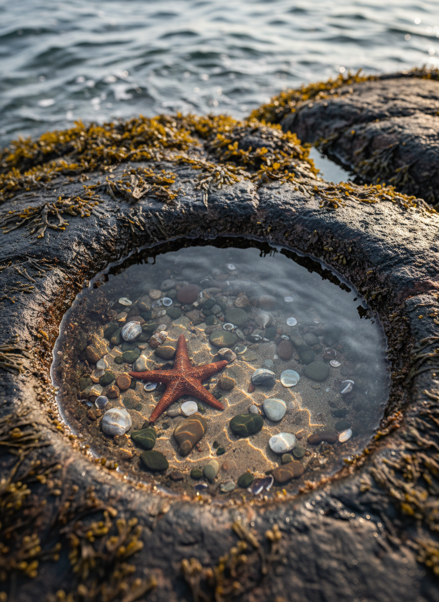 A close-up, detailed view of a sunlit Maine tidal pool nestled between dark, seaweed-draped rocks. The clear water reveals smooth, multicolored pebbles, a single starfish, and a scattering of tiny shells resting on the sandy bottom. Late afternoon light filters across the surface, creating dappled highlights and rippling patterns that dance over the submerged textures. The surrounding rock faces are slick with olive and rust-brown algae, glistening with moisture. Shot from directly above with a shallow depth of field that keeps the central tide pool in crisp focus while the outer edges softly blur. The mood is intimate and curious, capturing quiet coastal details in refined photographic realism.