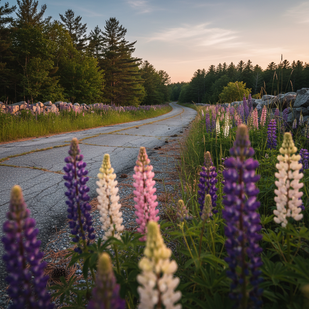 A quiet Maine backroad scene where a narrow, cracked asphalt lane winds between stone walls lined with wild lupines and tall grasses in early summer. The flowers display varied shades of purple, pink, and white, their delicate petals catching warm, low evening light. A distant stand of mixed pines and maples frames the horizon beneath a soft, pastel sky. The gravel shoulder is scattered with pinecones and fallen needles. Captured from a low roadside perspective with the road as a leading line, the depth of field keeps the middle distance sharp while the foreground blooms blur gently into bokeh. The mood is nostalgic and local, in natural photographic realism highlighting everyday Maine beauty.